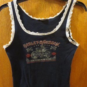 Harley-Davidson Black Women's Tank Top Sleeveless White Lace Trim Size SMALL